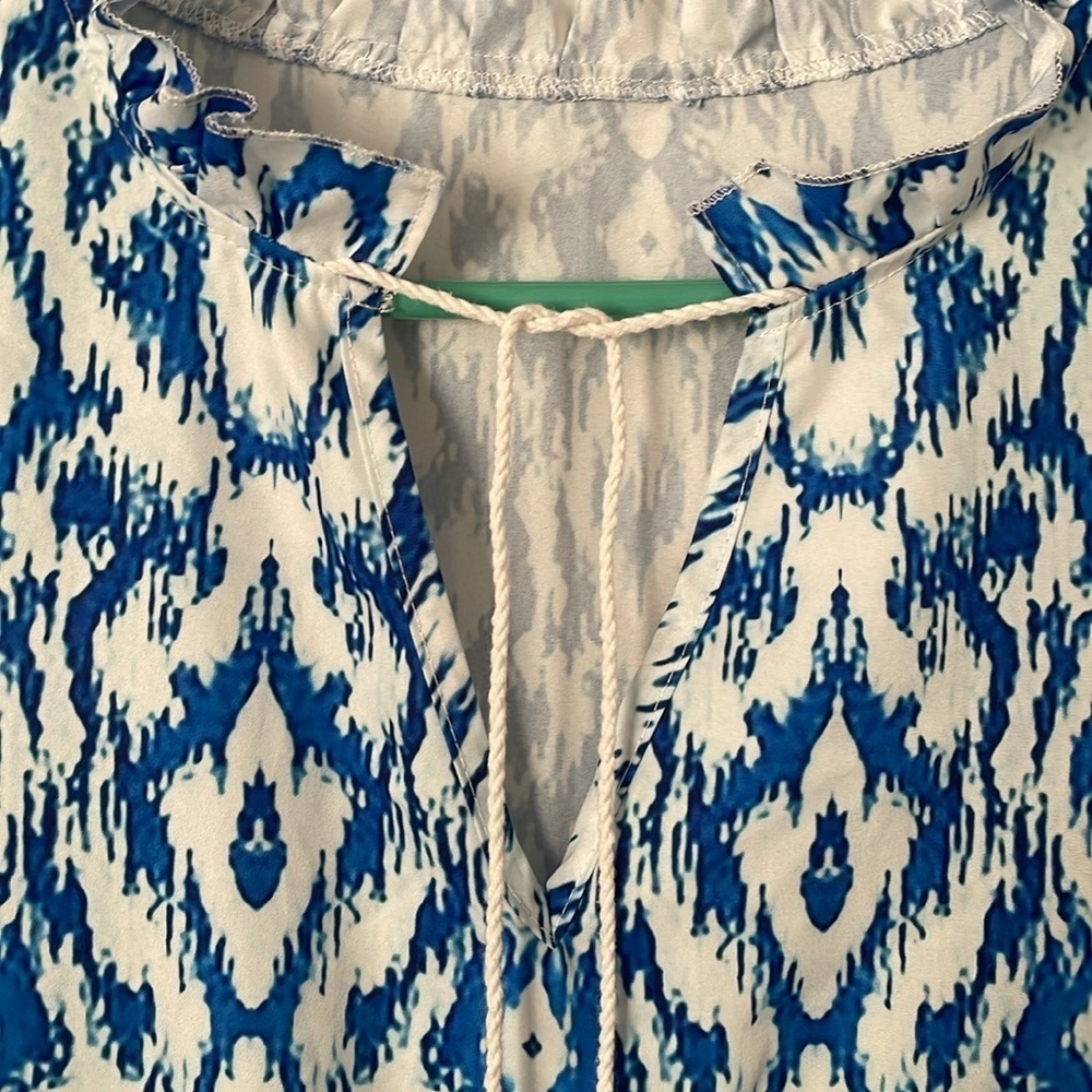 Blue Boho Pattern Maxi Elegant Short Sleeve V Neck Loose Swing Dress | Small - Picture 5 of 14